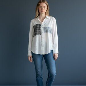 Adore White Button Down Blouse w/ Tweed Patches – NWT – Size Small – Last One!